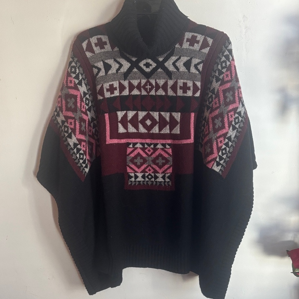 Cynthia Rowley |Wool Blend Poncho Black & Pink Knit Sweater